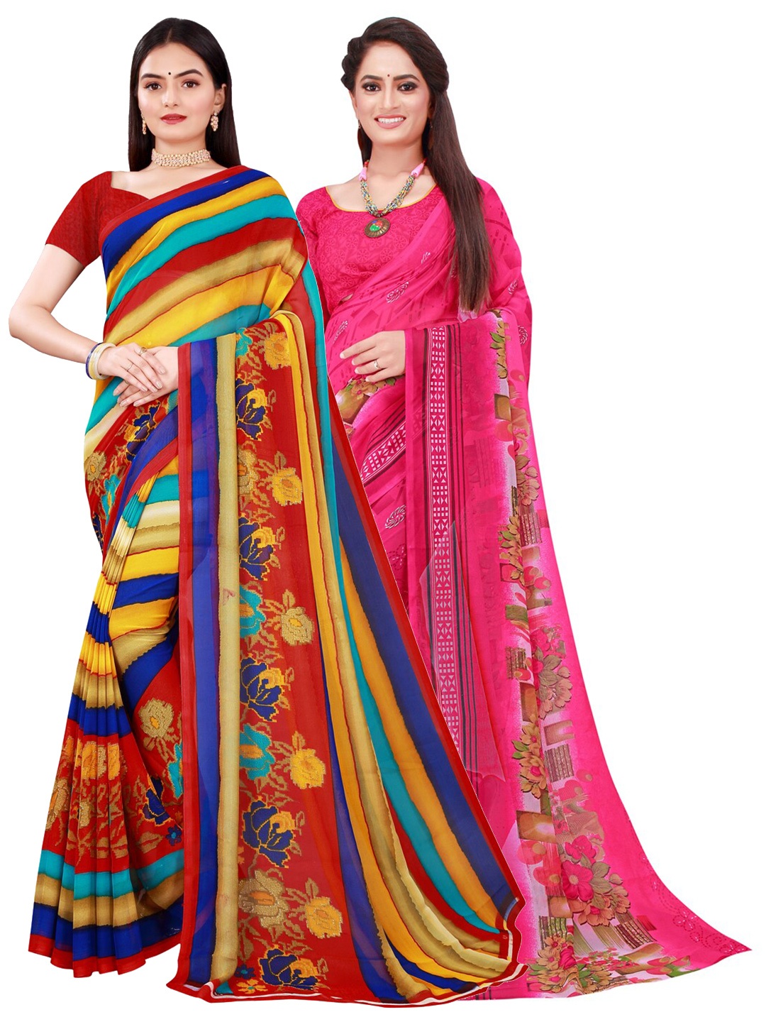 

SAADHVI Pack Of 2 Pink & Blue Floral Pure Georgette Saree