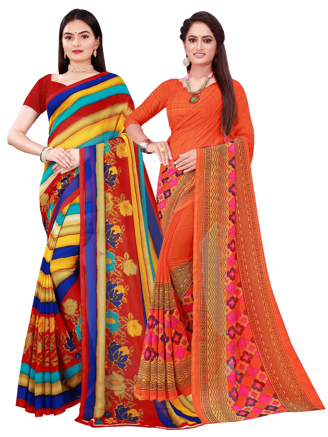 

SAADHVI Pack of 2 Orange & Red Pure Georgette Saree