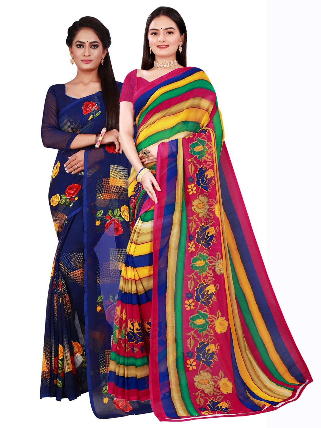 

SAADHVI Women Pack Of 2 Floral Pure Georgette Sarees, Red