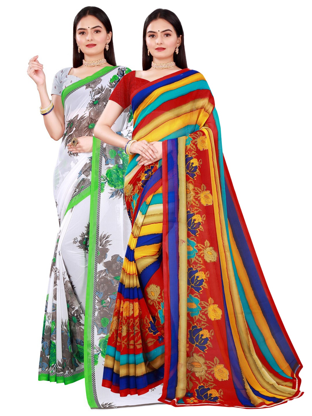 SAADHVI Women Pack Of 2 Floral Pure Georgette Sarees, Yellow