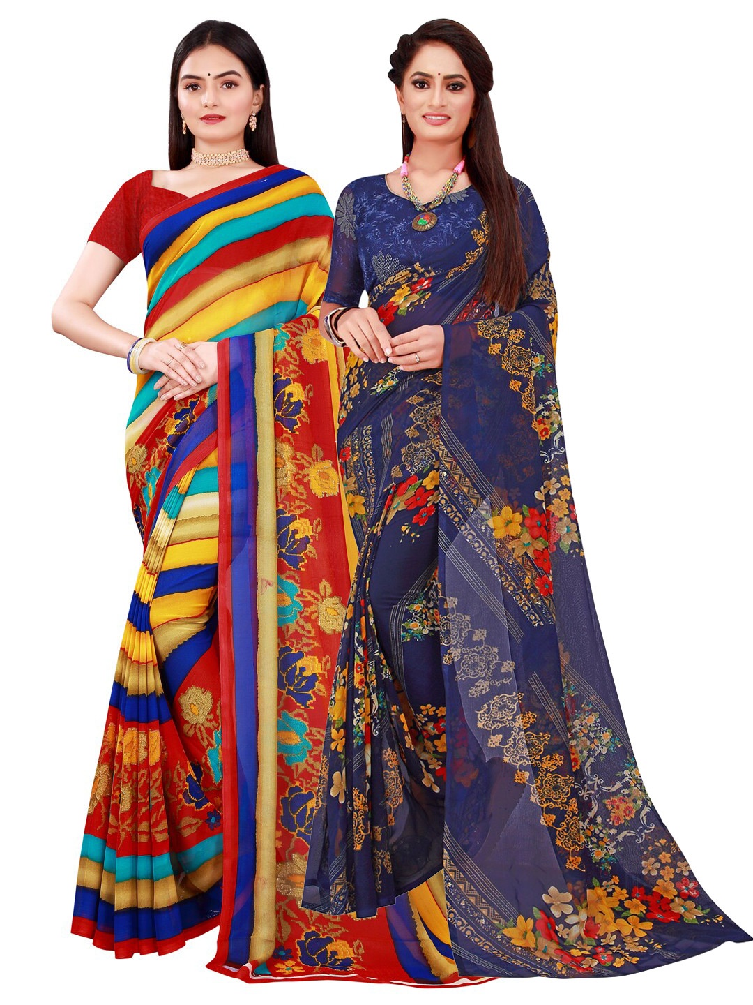 

SAADHVI Set Of 2 Navy Blue & Grey Floral Pure Georgette Saree