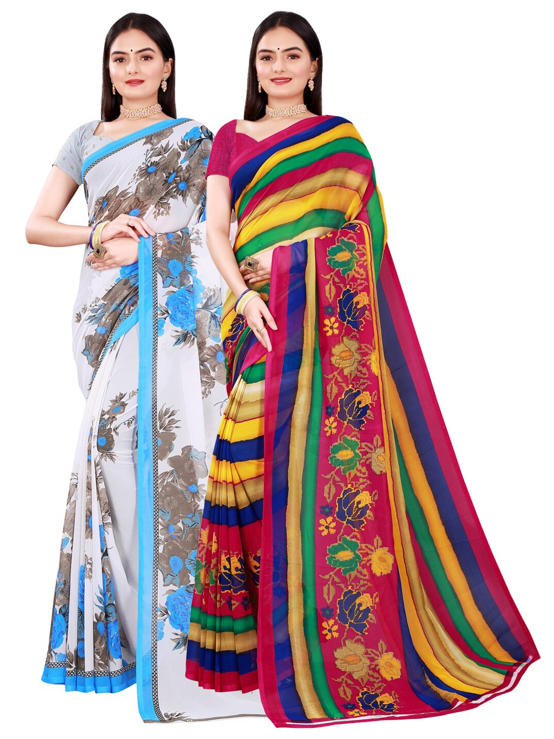 

SAADHVI Set Of 2 White & Grey Floral Pure Georgette Saree