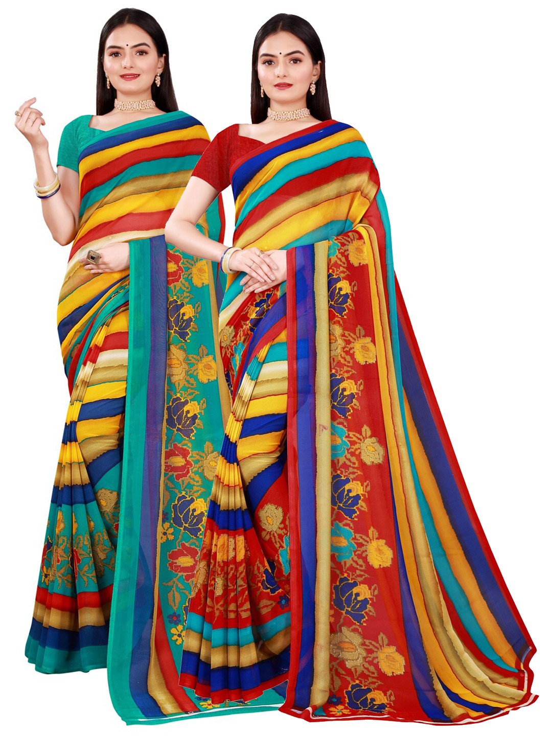 

SAADHVI Pack Of 2 Multicoloured Floral Pure Georgette Saree, Multi