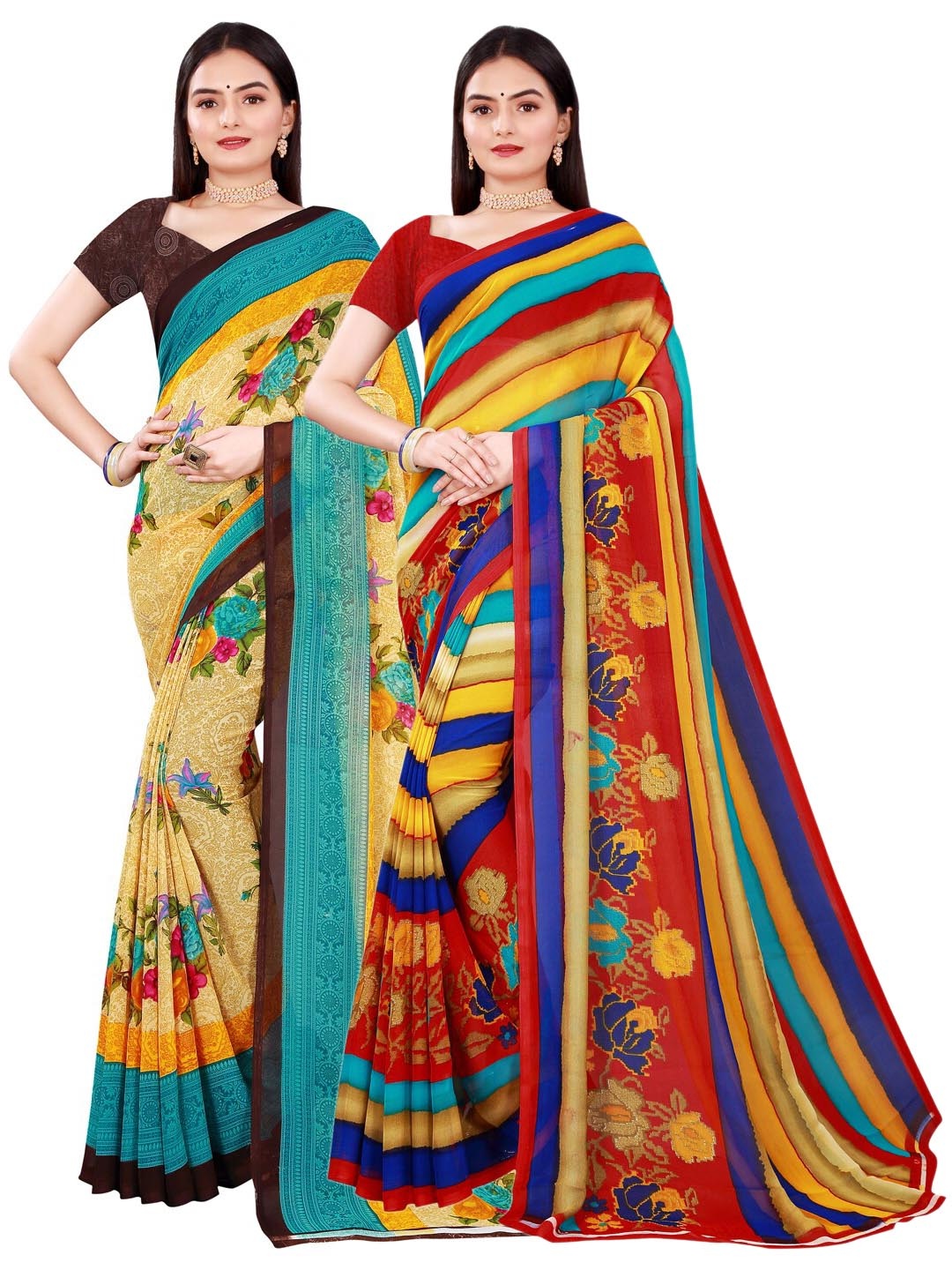 

SAADHVI Beige & Navy Blue Pure Georgette Saree