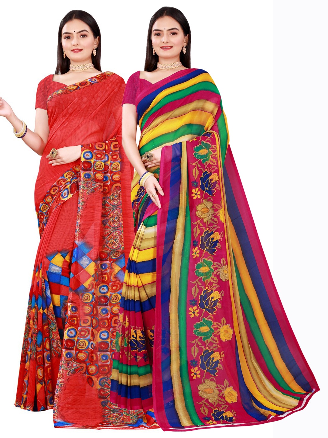 SAADHVI Women Pack Of 2 Floral Pure Georgette Sarees, Red