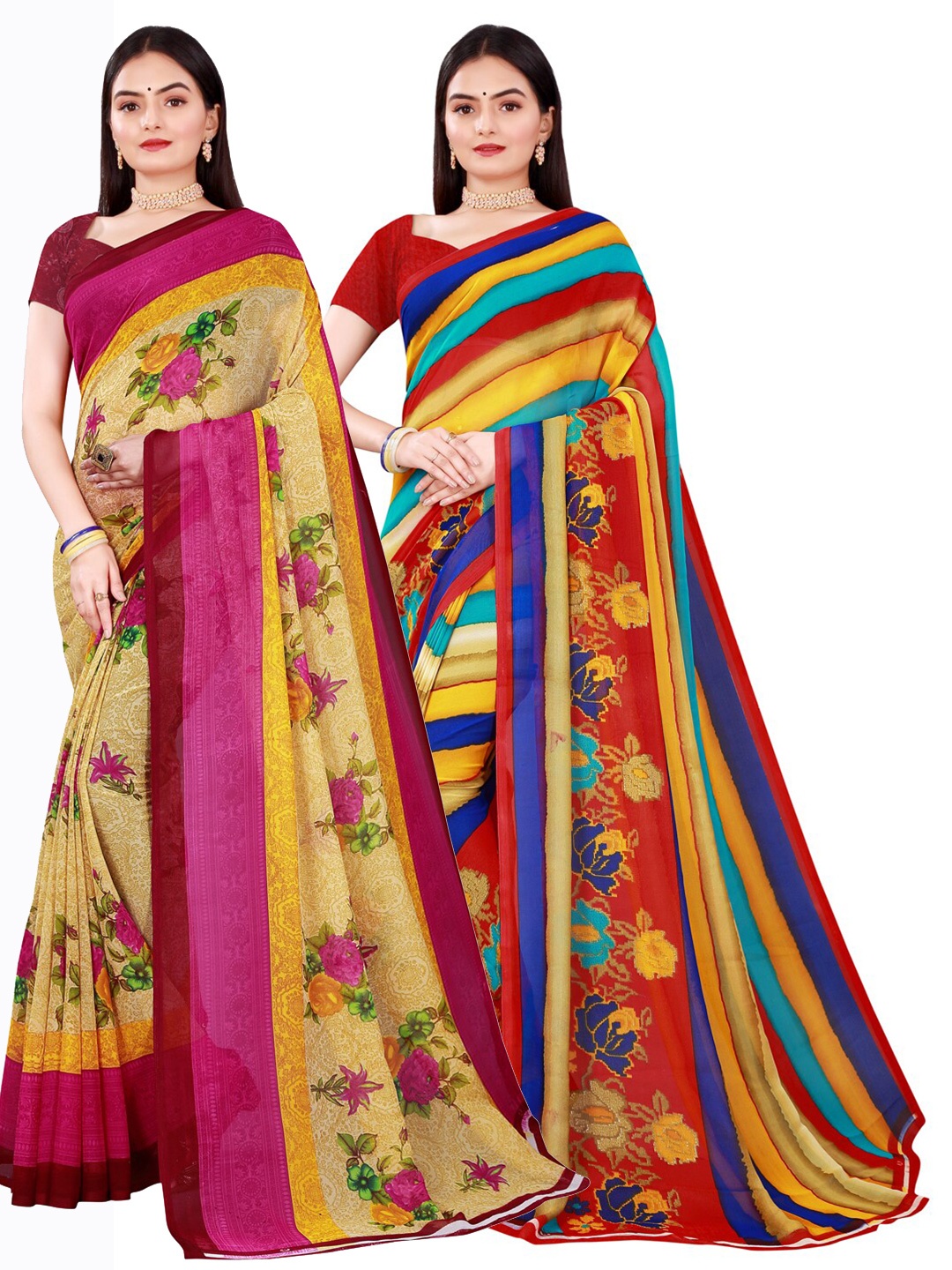 

SAADHVI Women Pack Of 2 Floral Pure Georgette Sarees, Beige
