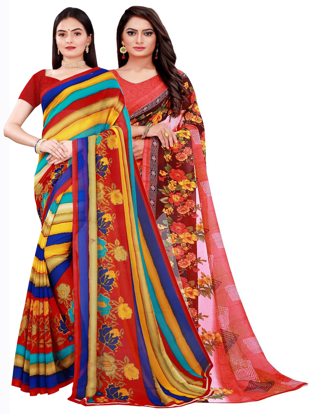 

SAADHVI Women Pack Of 2 Floral Pure Georgette Sarees, Red