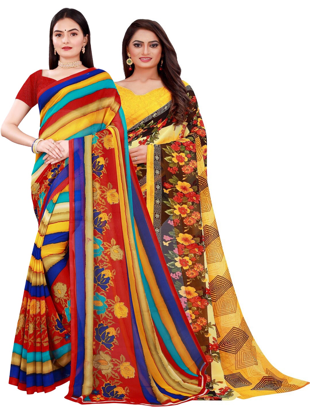 

SAADHVI Yellow & Red Pure Georgette Saree