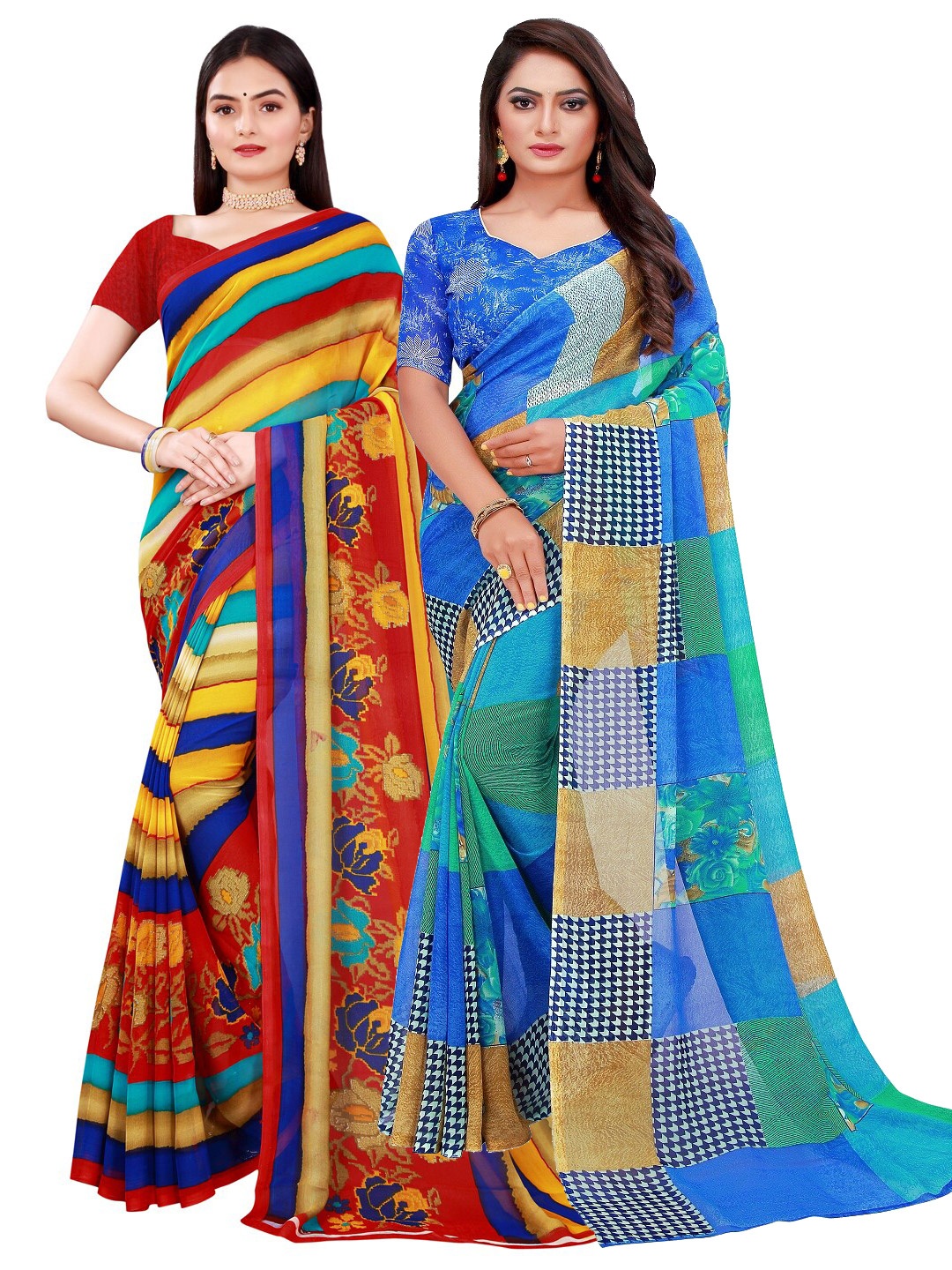 

SAADHVI Set Of 2 Blue & Yellow Floral Pure Georgette Saree