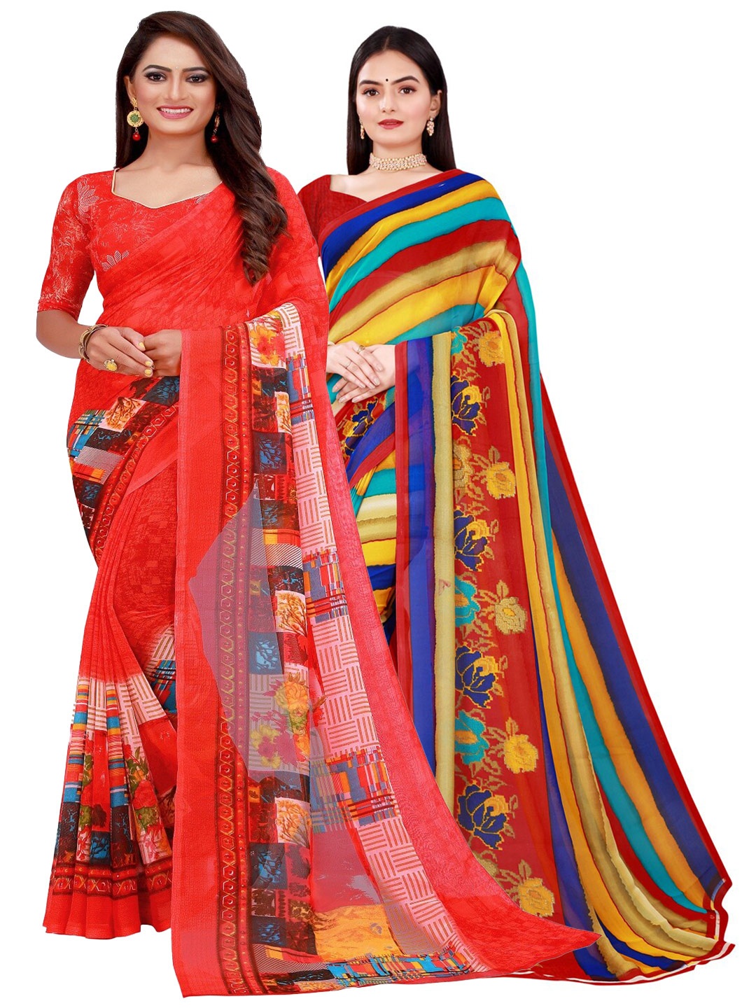 

SAADHVI Women Pack Of 2 Pure Georgette Saree, Red