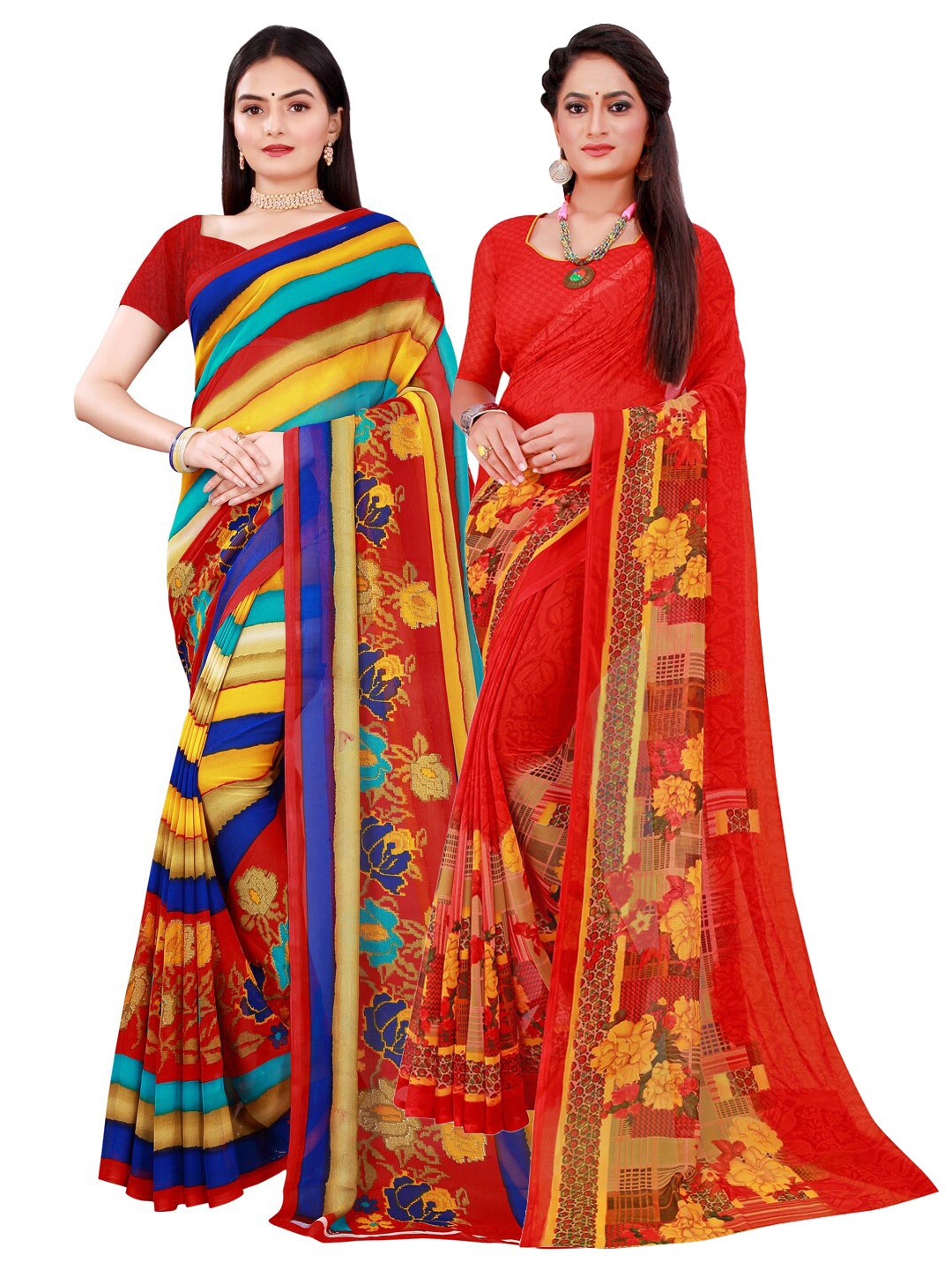 

SAADHVI Pack Of 2 Multicoloured Floral Pure Georgette Saree, Multi