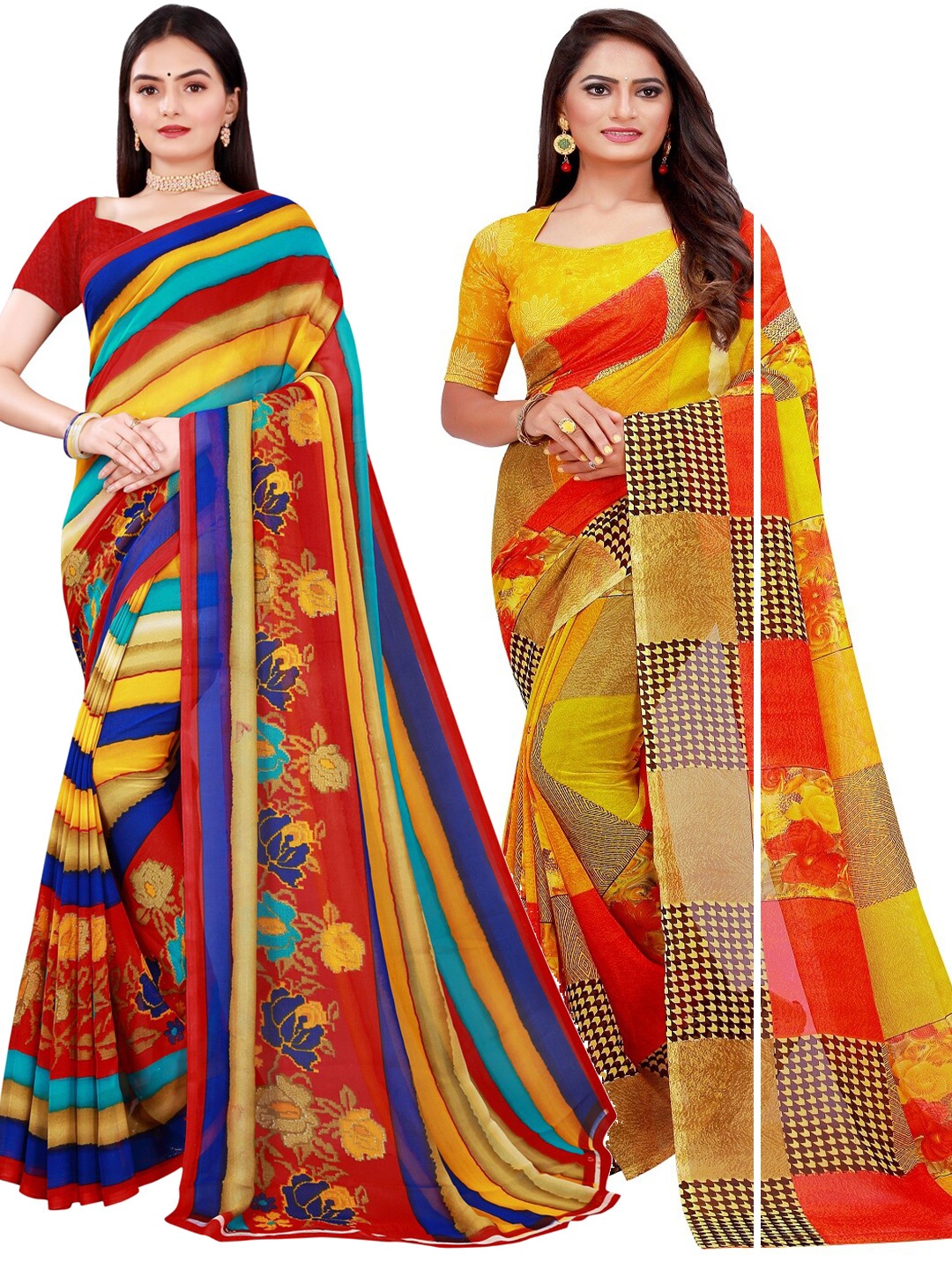 

SAADHVI Set Of 2 Red & Yellow Floral Pure Georgette Saree