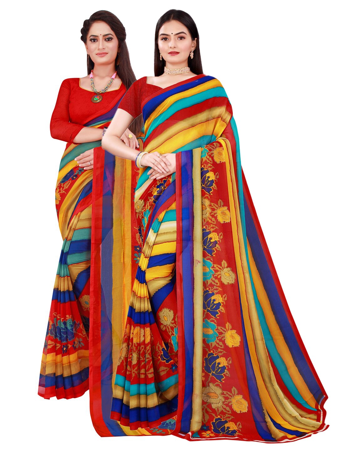 

SAADHVI Set Of 2 Blue & Yellow Floral Pure Georgette Saree