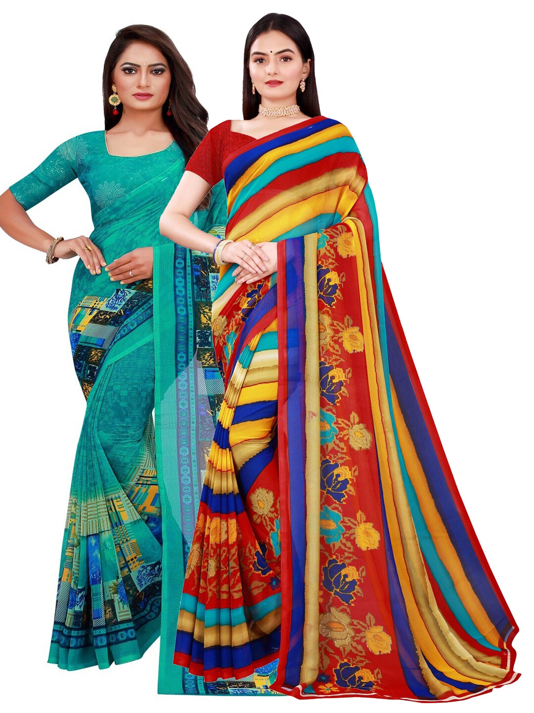 SAADHVI Pack Of 2 Multicoloured Floral Pure Georgette Saree, Multi