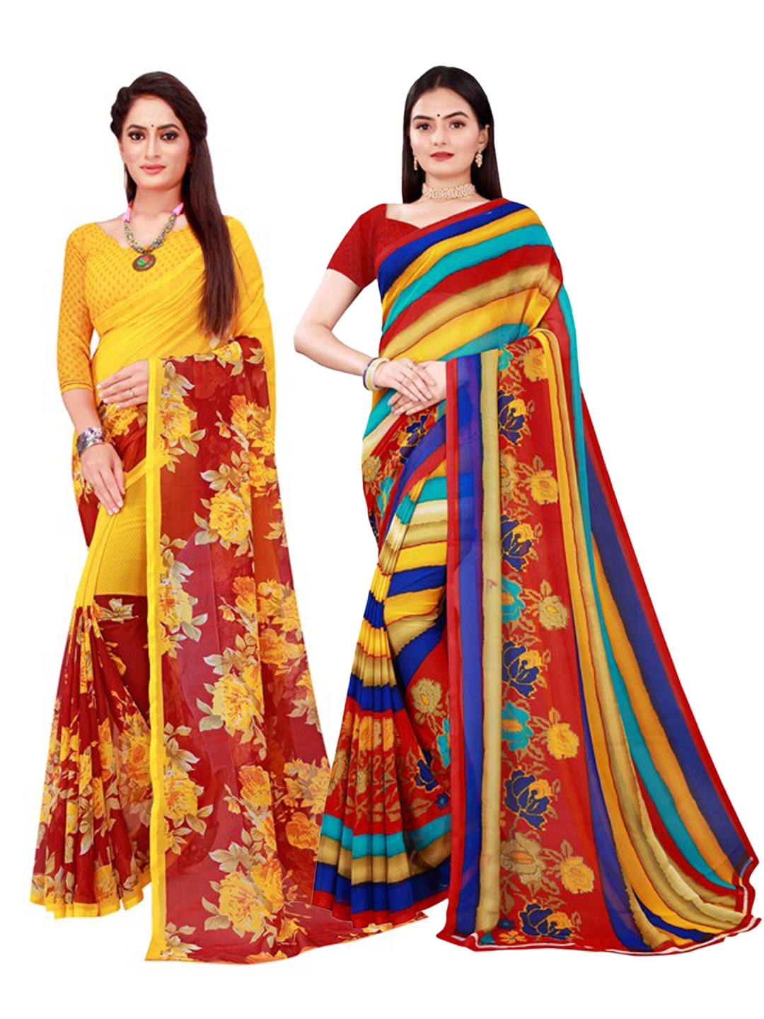 

SAADHVI Pack Of 2 Yellow & Red Floral Pure Georgette Saree