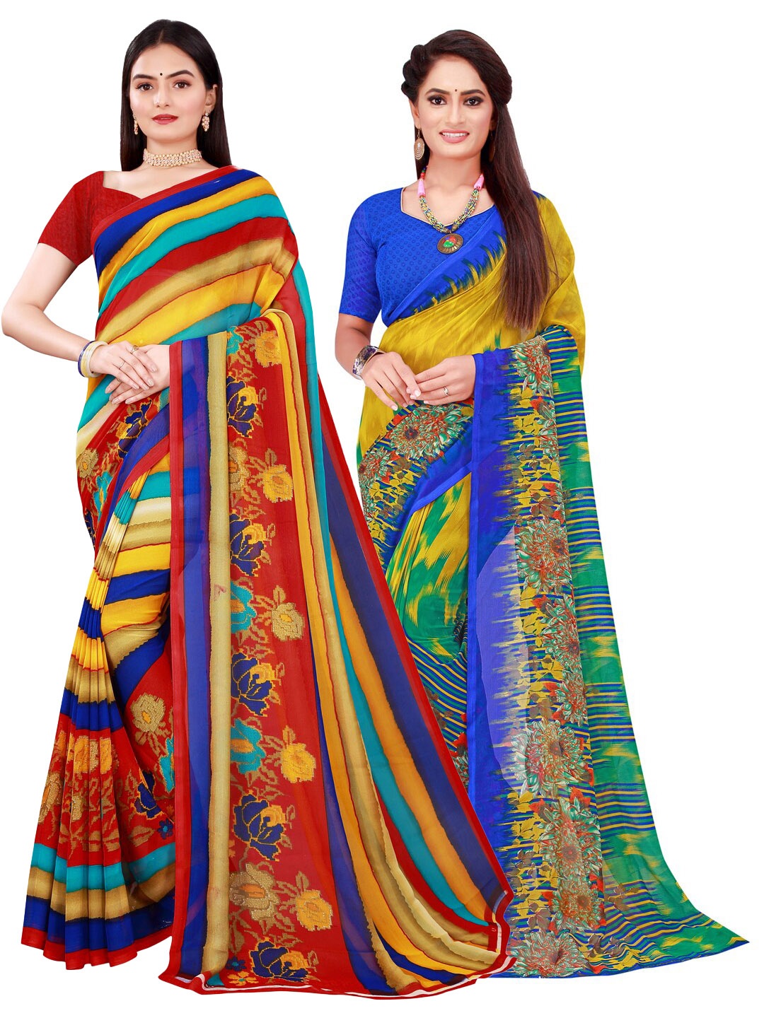 

SAADHVI Set Of 2 Blue & Yellow Floral Pure Georgette Saree