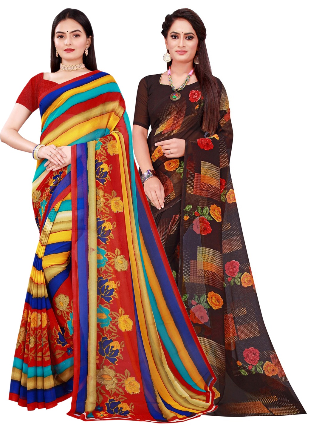 

SAADHVI Yellow & Brown Pure Georgette Saree