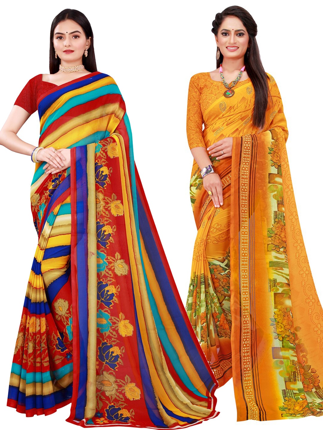 

SAADHVI Set Of 2 Yellow & Red Floral Pure Georgette Saree