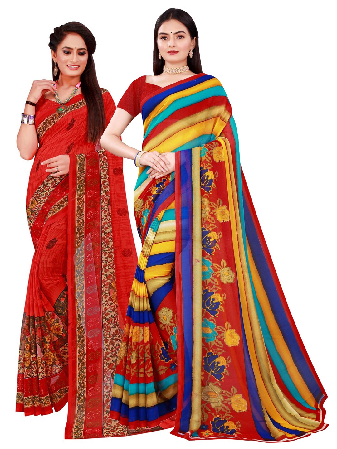 

SAADHVI Set Of 2 Red & Yellow Floral Pure Georgette Saree