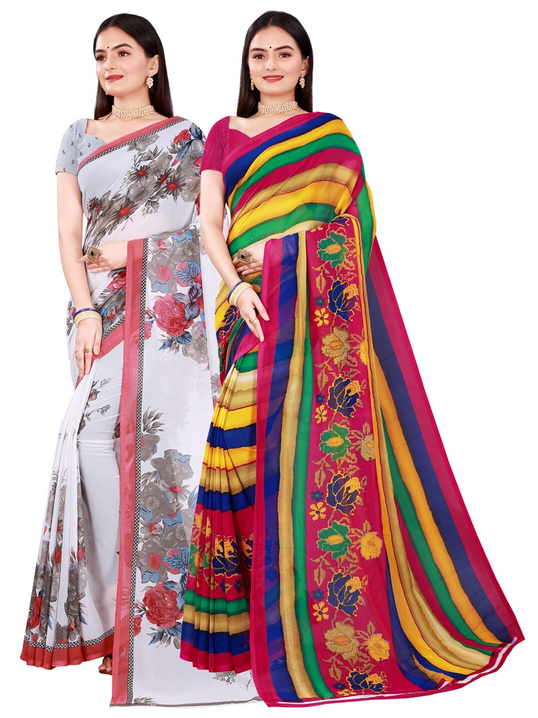 

SAADHVI White & Yellow Pure Georgette Saree