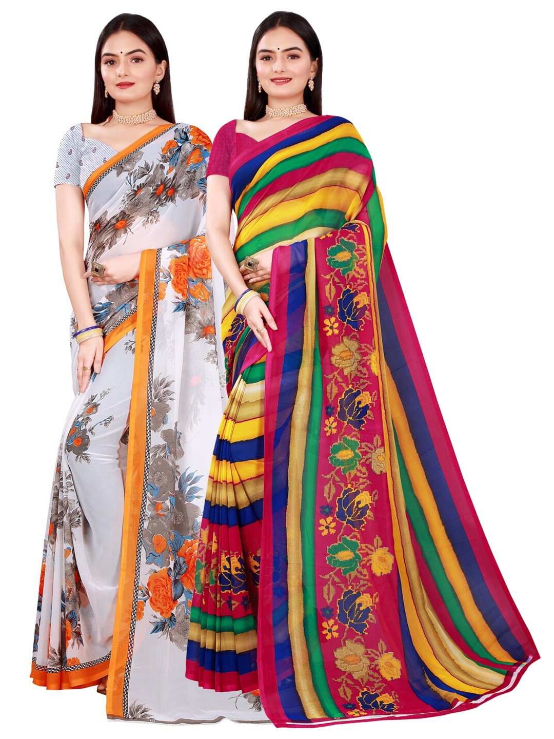 

SAADHVI Set Of 2 White & Pink Floral Pure Georgette Saree