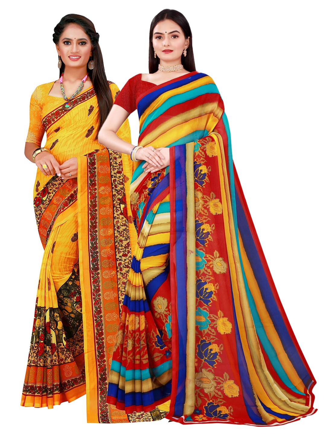 

SAADHVI Set Of 2 Yellow & Red Floral Pure Georgette Saree
