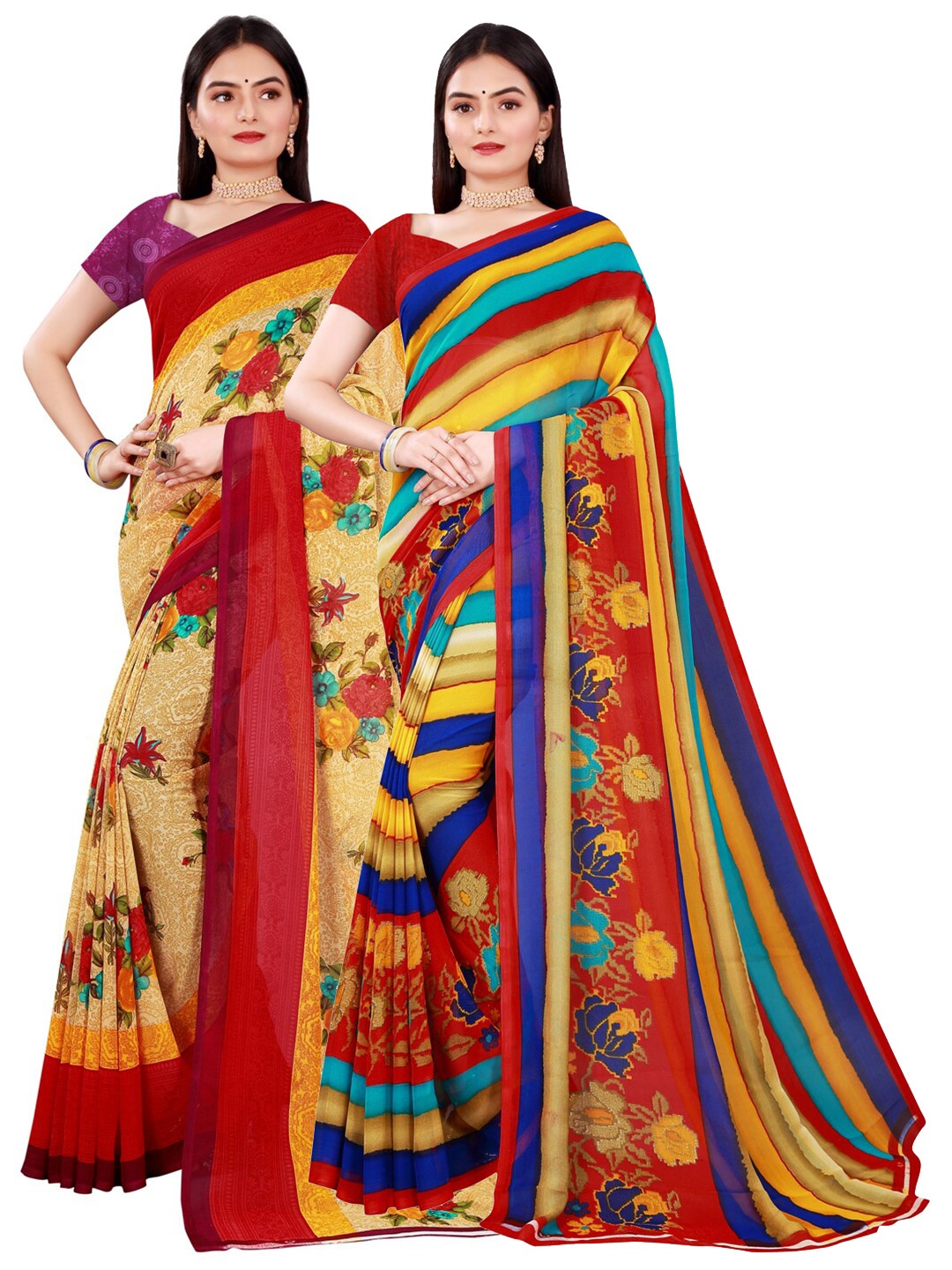 

SAADHVI Pack Of 2 Multicoloured Floral Pure Georgette Saree, Multi