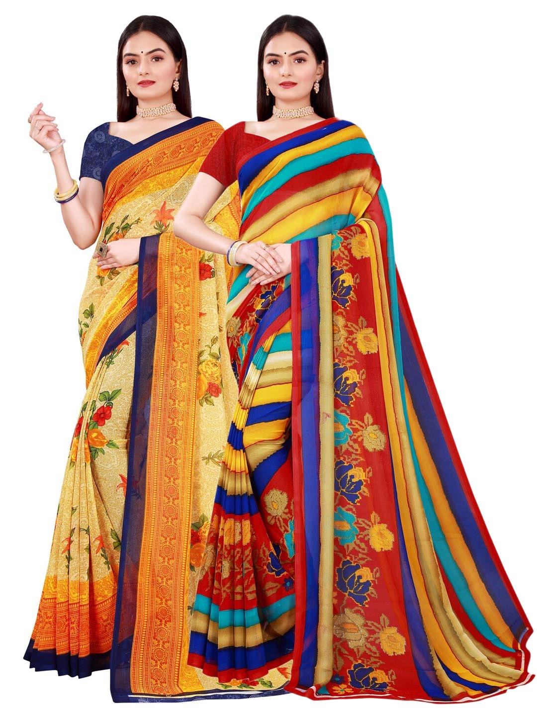 SAADHVI Beige & Blue Pure Georgette Saree