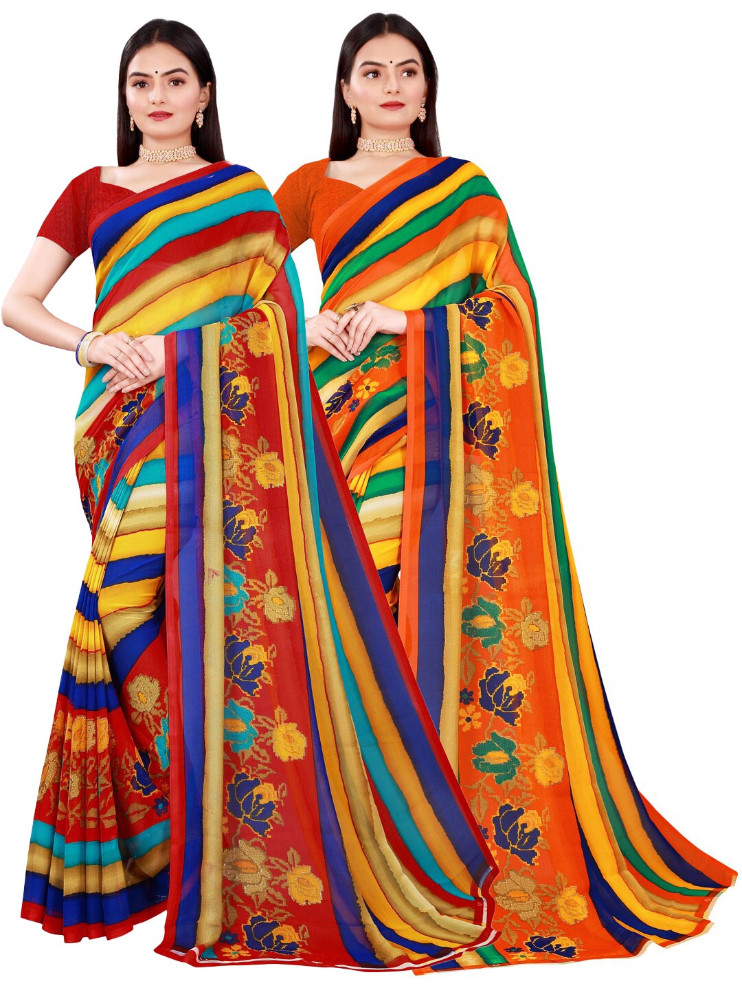 

SAADHVI Set Of 2 Red & Blue Floral Pure Georgette Saree