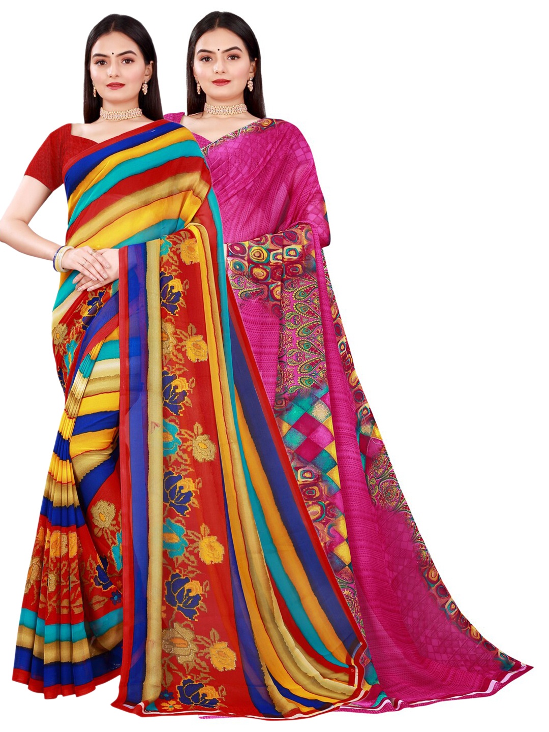 

SAADHVI Pack of 2 Magenta & Yellow Pure Georgette Saree