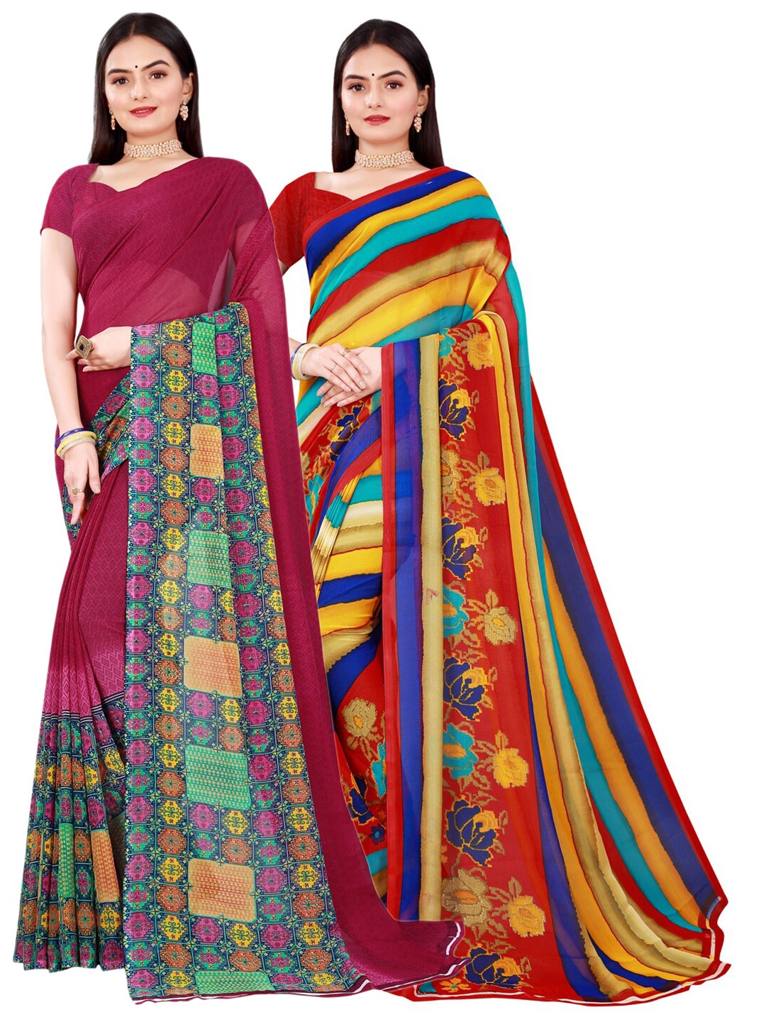 

SAADHVI Set Of 2 Maroon & Purple Floral Pure Georgette Saree