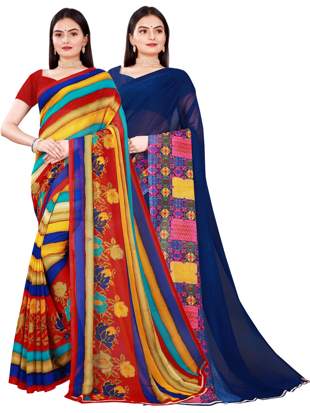 

SAADHVI Pack Of 2 Navy Blue & Yellow Floral Pure Georgette Saree