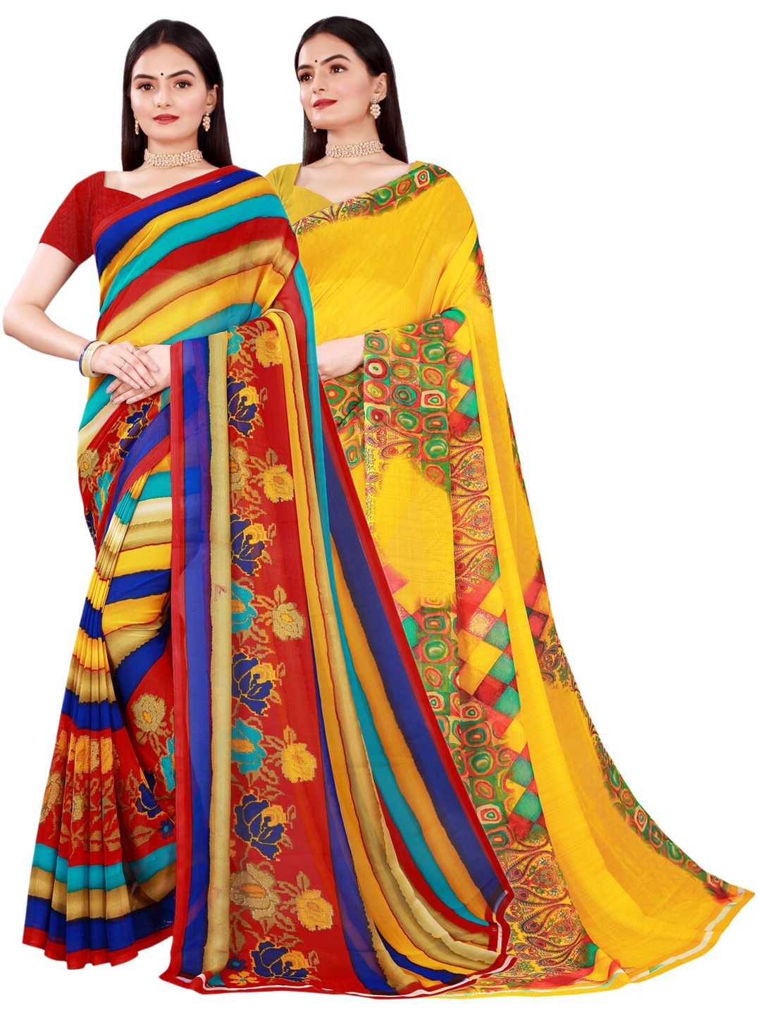 

SAADHVI Set Of 2 Yellow & Red Floral Pure Georgette Saree