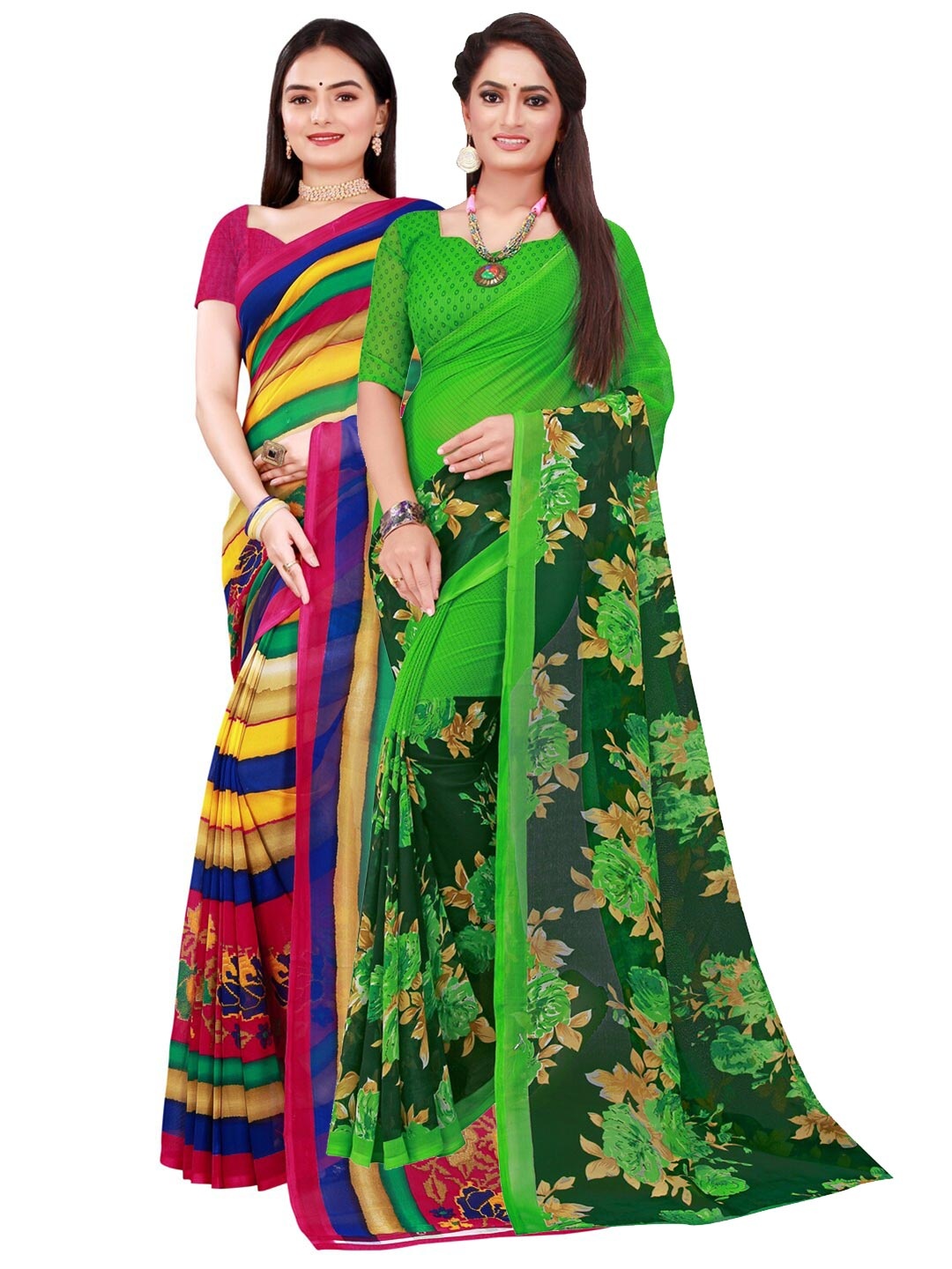 

SAADHVI Pack Of 2 Multicoloured Floral Pure Georgette Saree, Multi