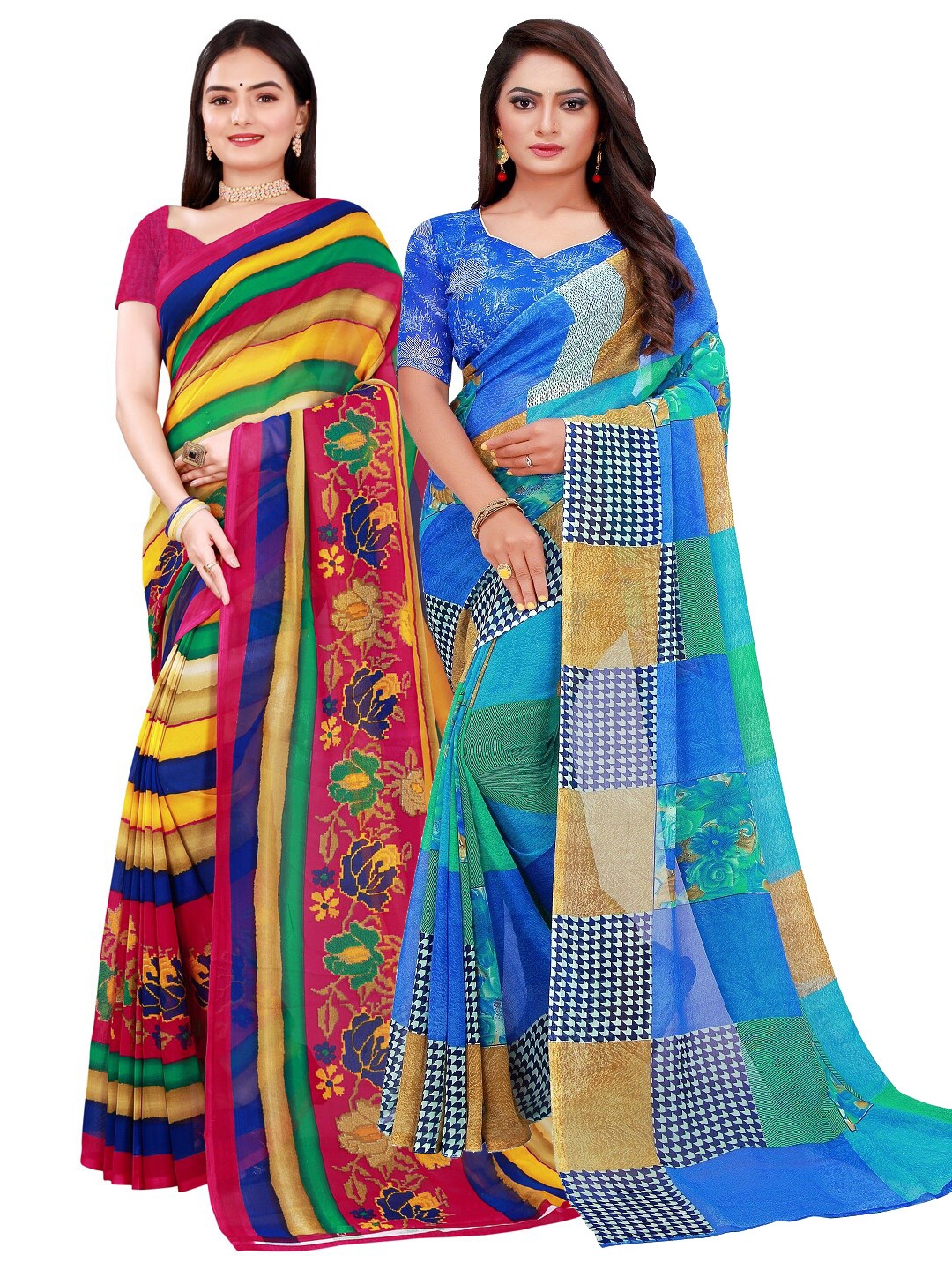 

SAADHVI Set Of 2 Blue & Yellow Floral Pure Georgette Saree