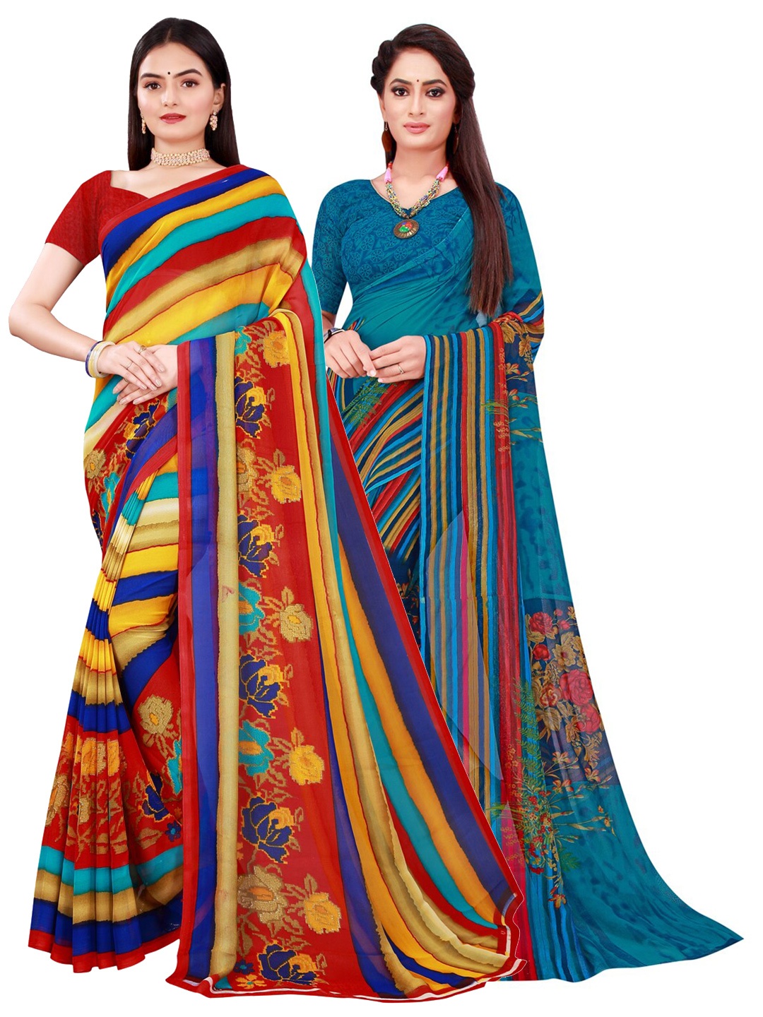 

SAADHVI Pack Of 2 Multicoloured & Blue Floral Pure Georgette Saree, Multi