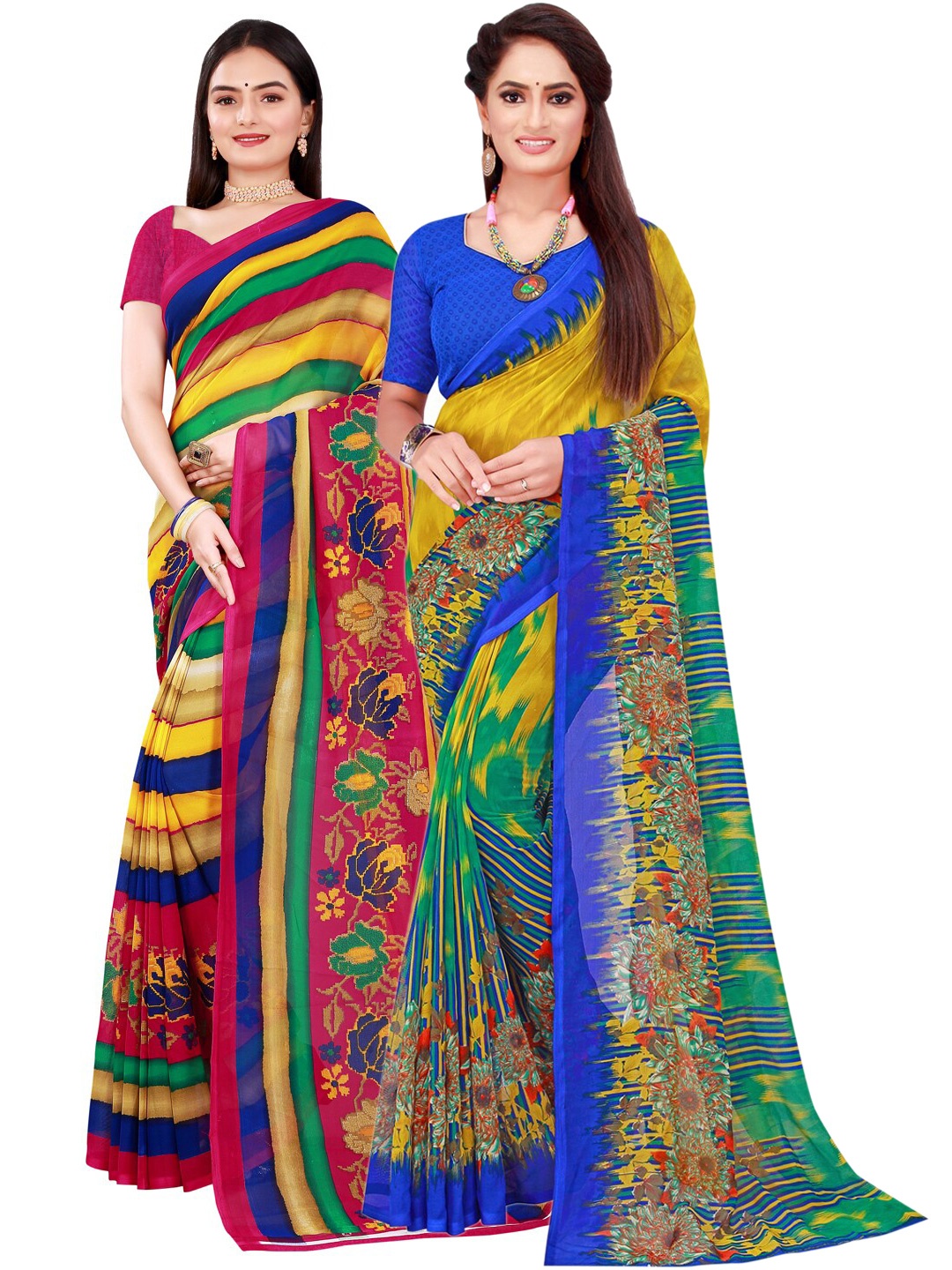 

SAADHVI Set Of 2 Blue & Magenta Floral Pure Georgette Saree