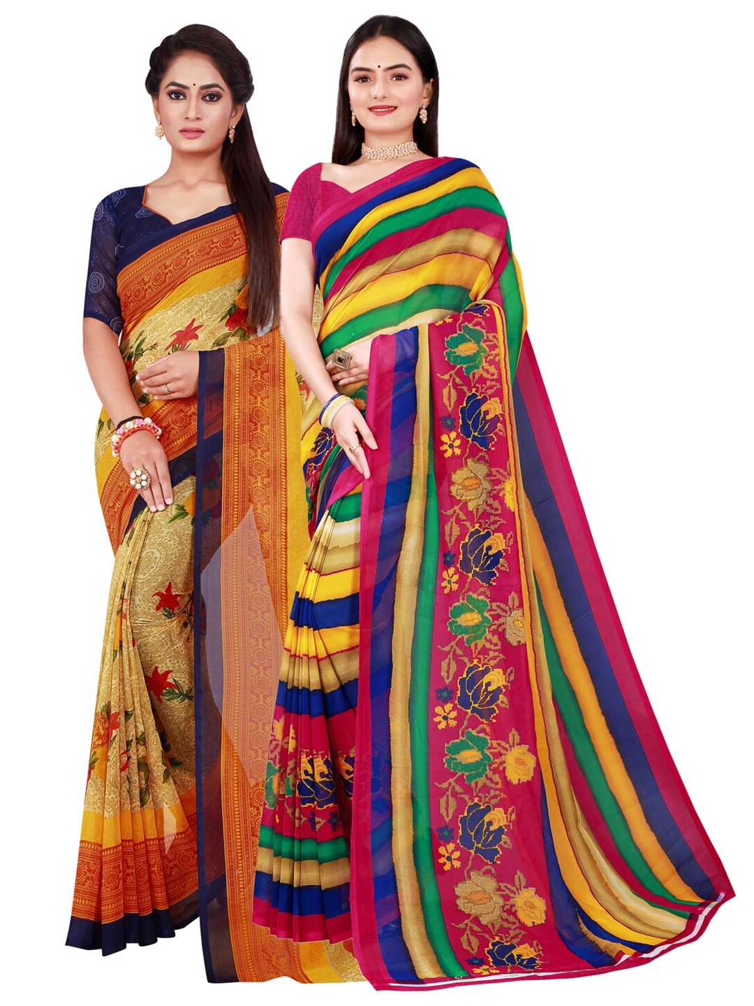 

SAADHVI Set Of 2 Beige & Blue Floral Pure Georgette Saree