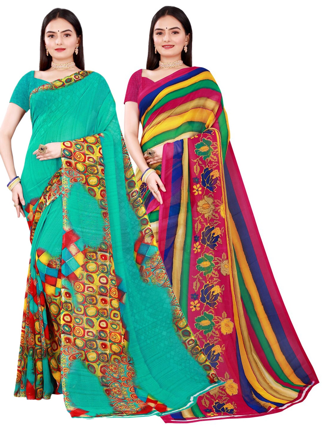 

SAADHVI Pack of 2 Turquoise Blue & Magenta Pure Georgette Saree