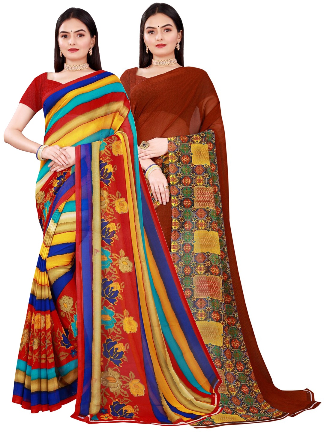 SAADHVI Pack Of 2 Multicoloured Floral Pure Georgette Saree, Multi
