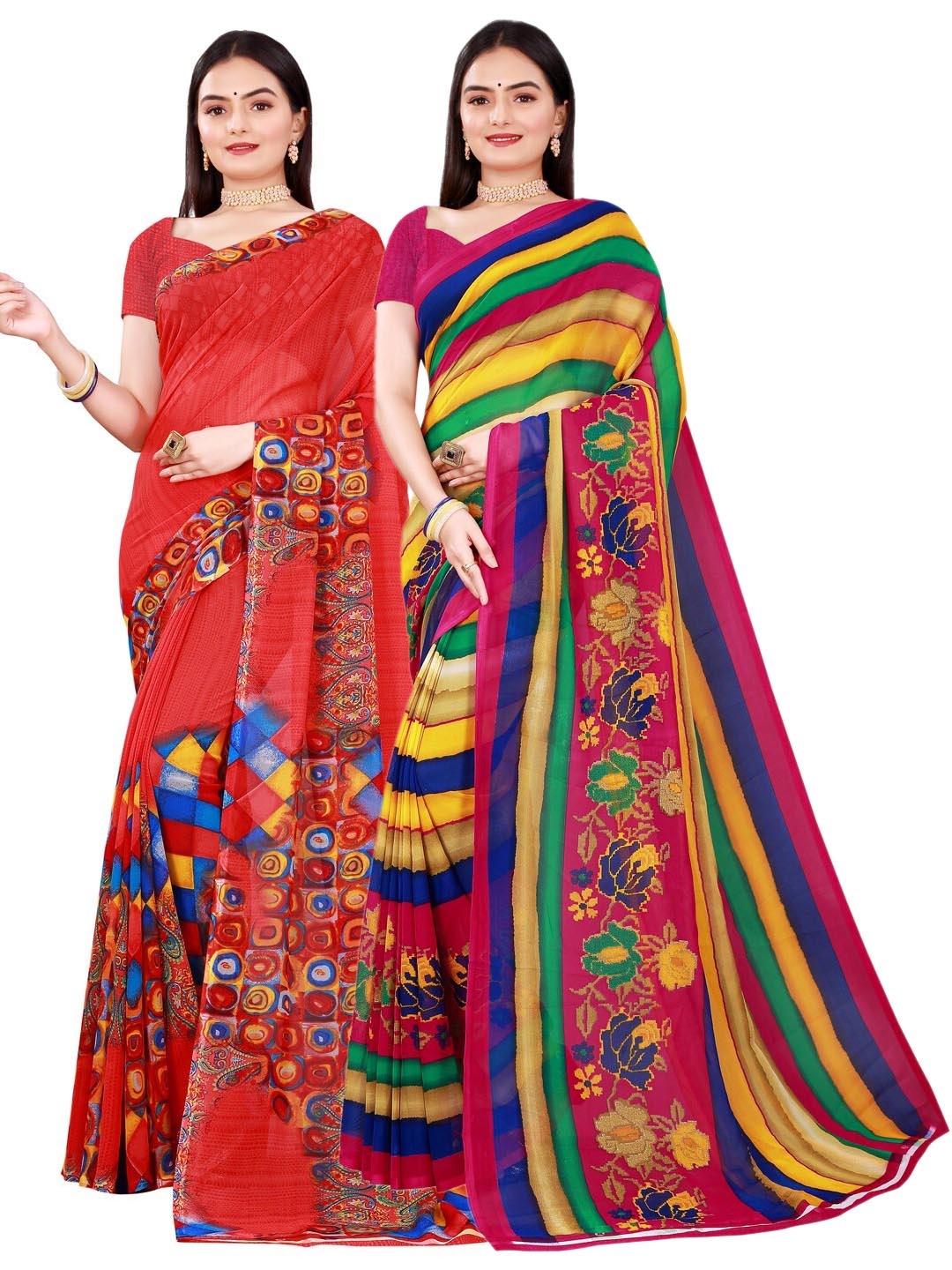 

SAADHVI Pack Of 2 Red & Yellow Printed Pure Georgette Saree