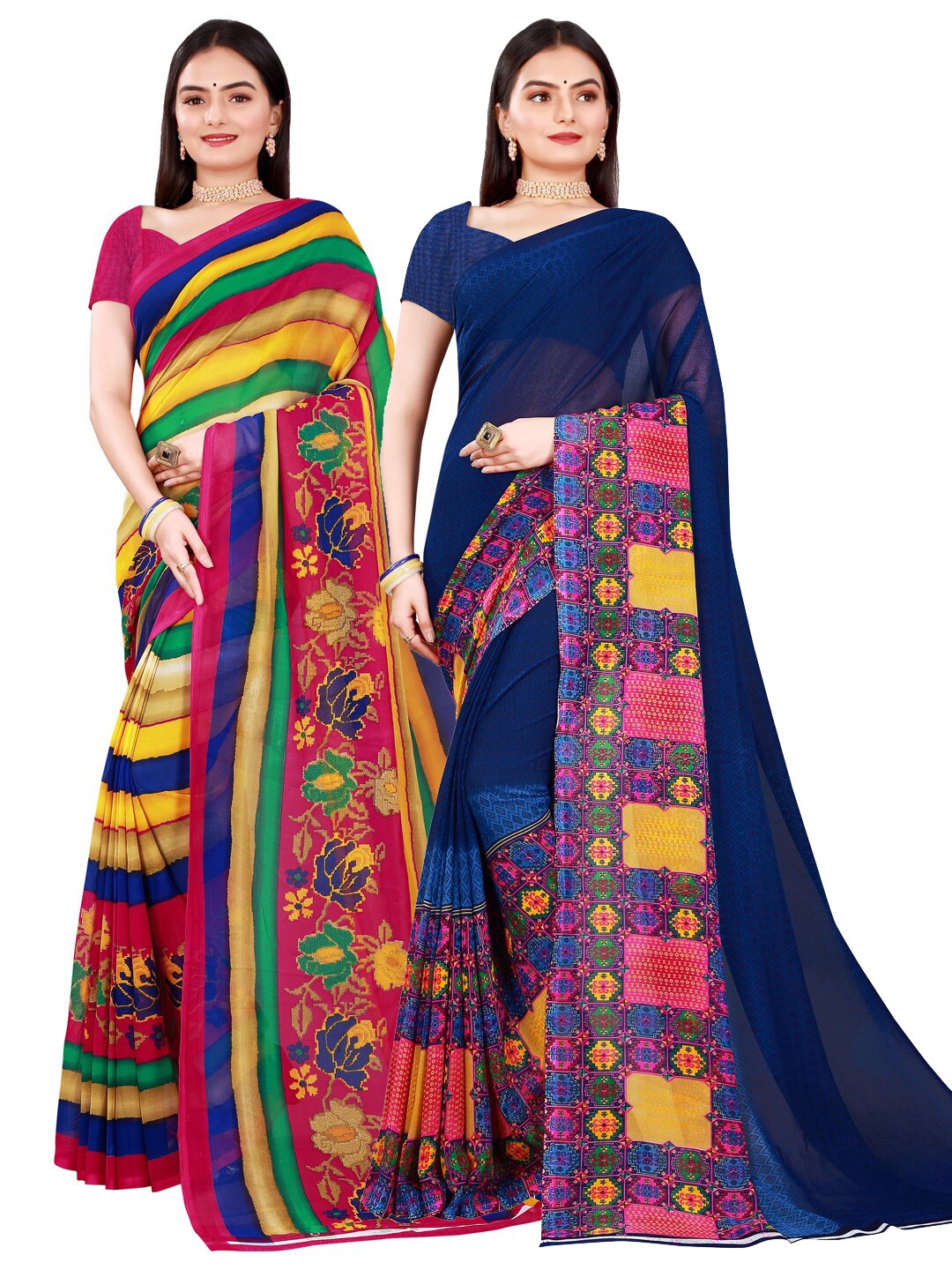 

SAADHVI Pack Of 2 Blue & Yellow Pure Georgette Saree