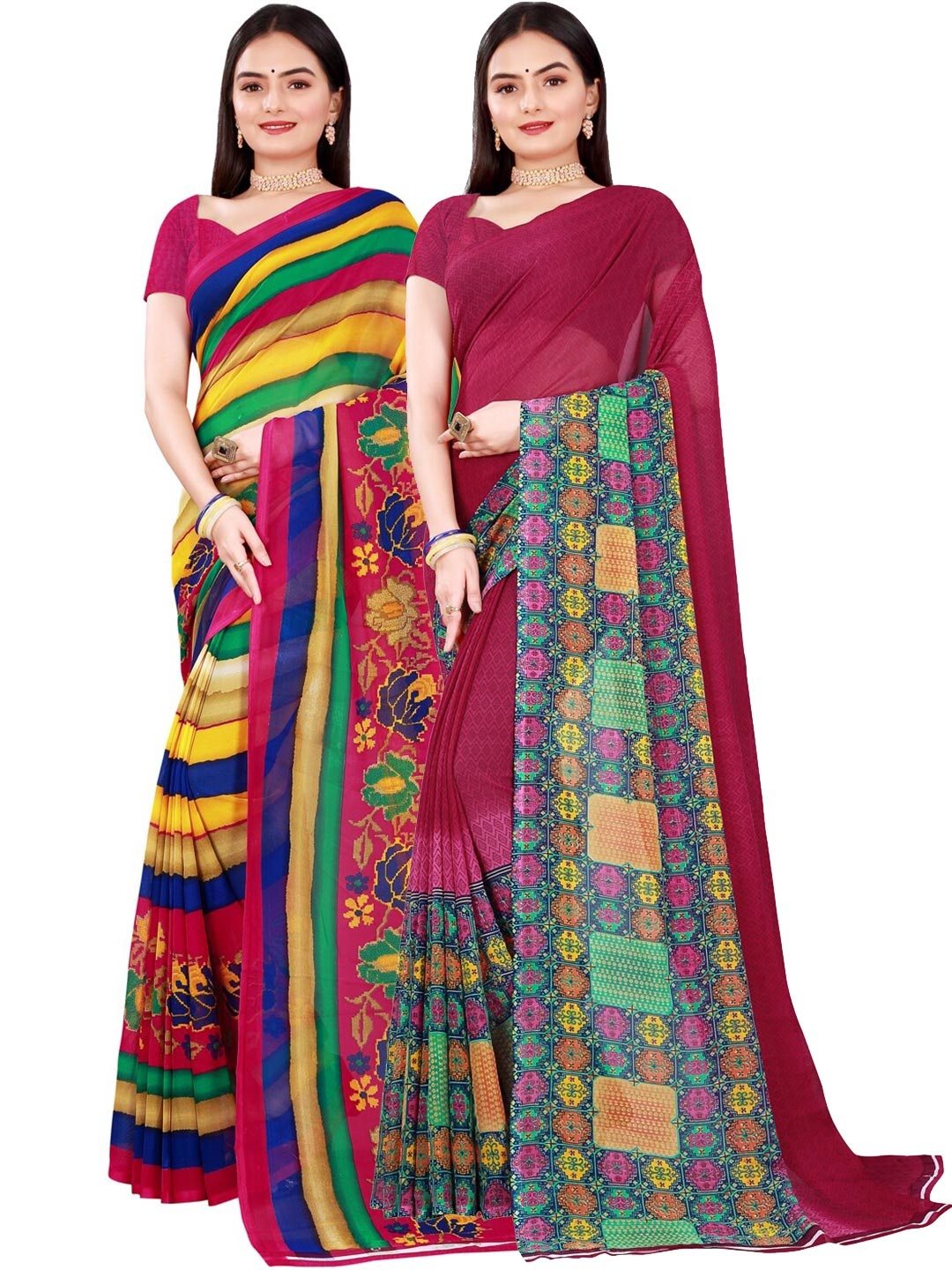 

SAADHVI Set Of 2 Maroon & Yellow Floral Pure Georgette Saree