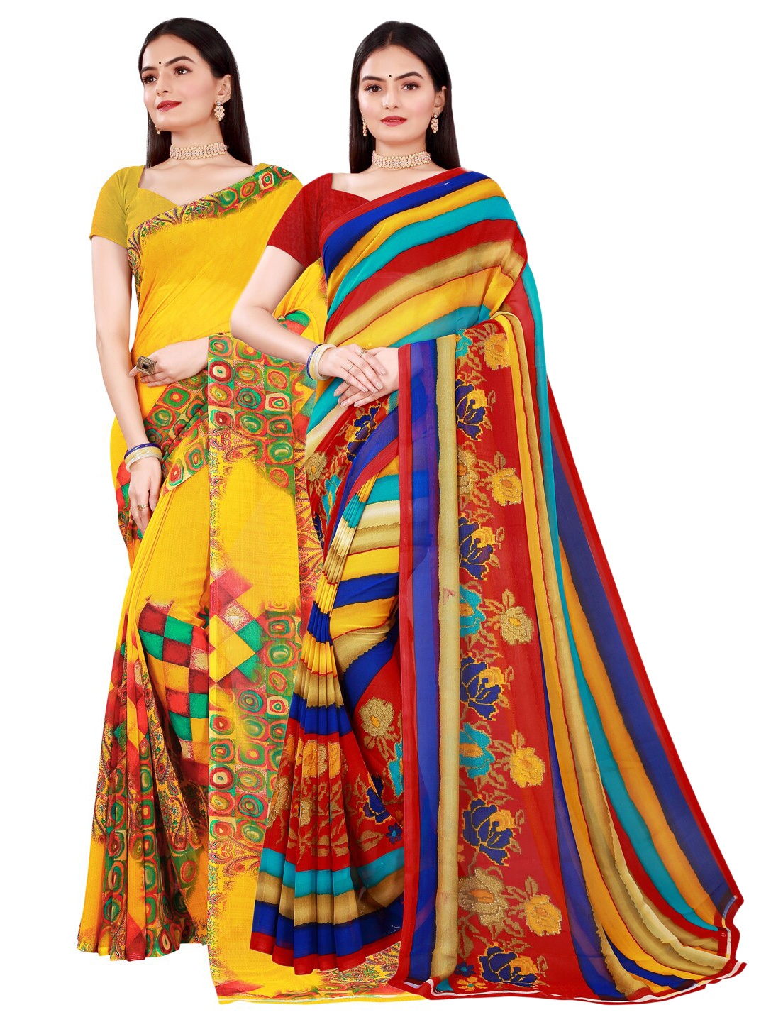 SAADHVI Set Of 2 Yellow & Green Floral Pure Georgette Saree
