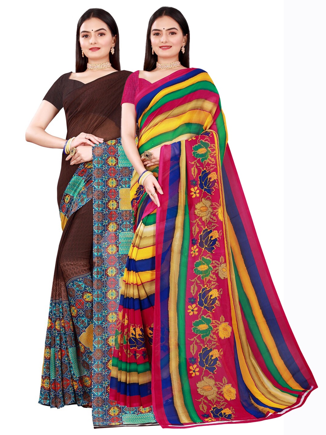 

SAADHVI Set Of 2 Brown & Yellow Floral Pure Georgette Saree