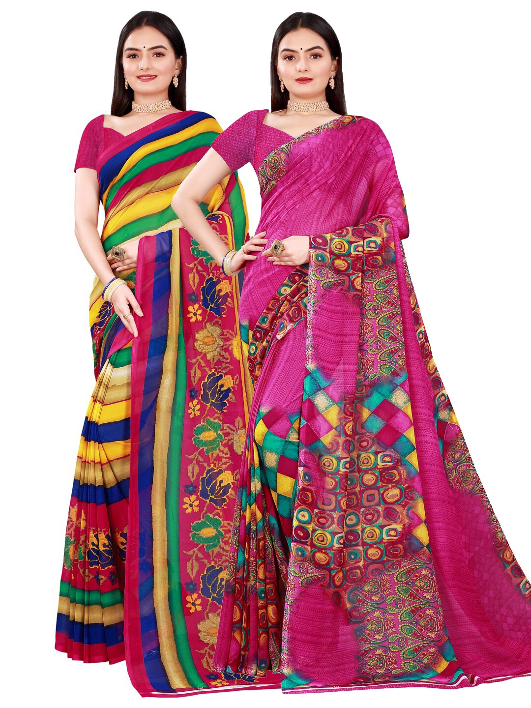

SAADHVI Set Of 2 Magenta & Yellow Floral Pure Georgette Saree