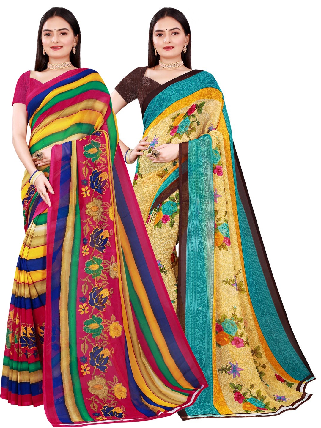 

SAADHVI Set Of 2 Beige & Yellow Floral Pure Georgette Saree