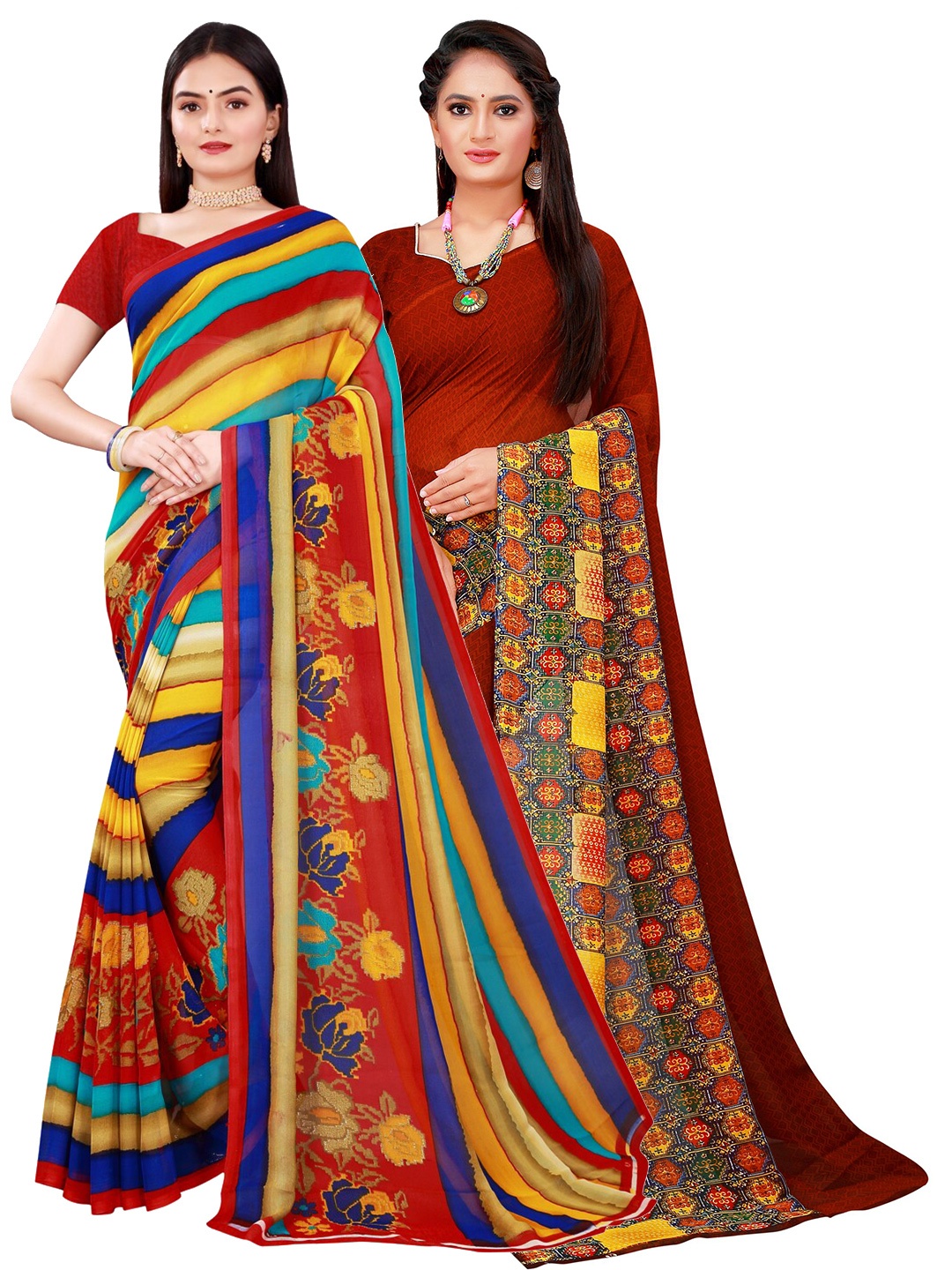 

SAADHVI Set Of 2 Brown & Yellow Floral Pure Georgette Saree