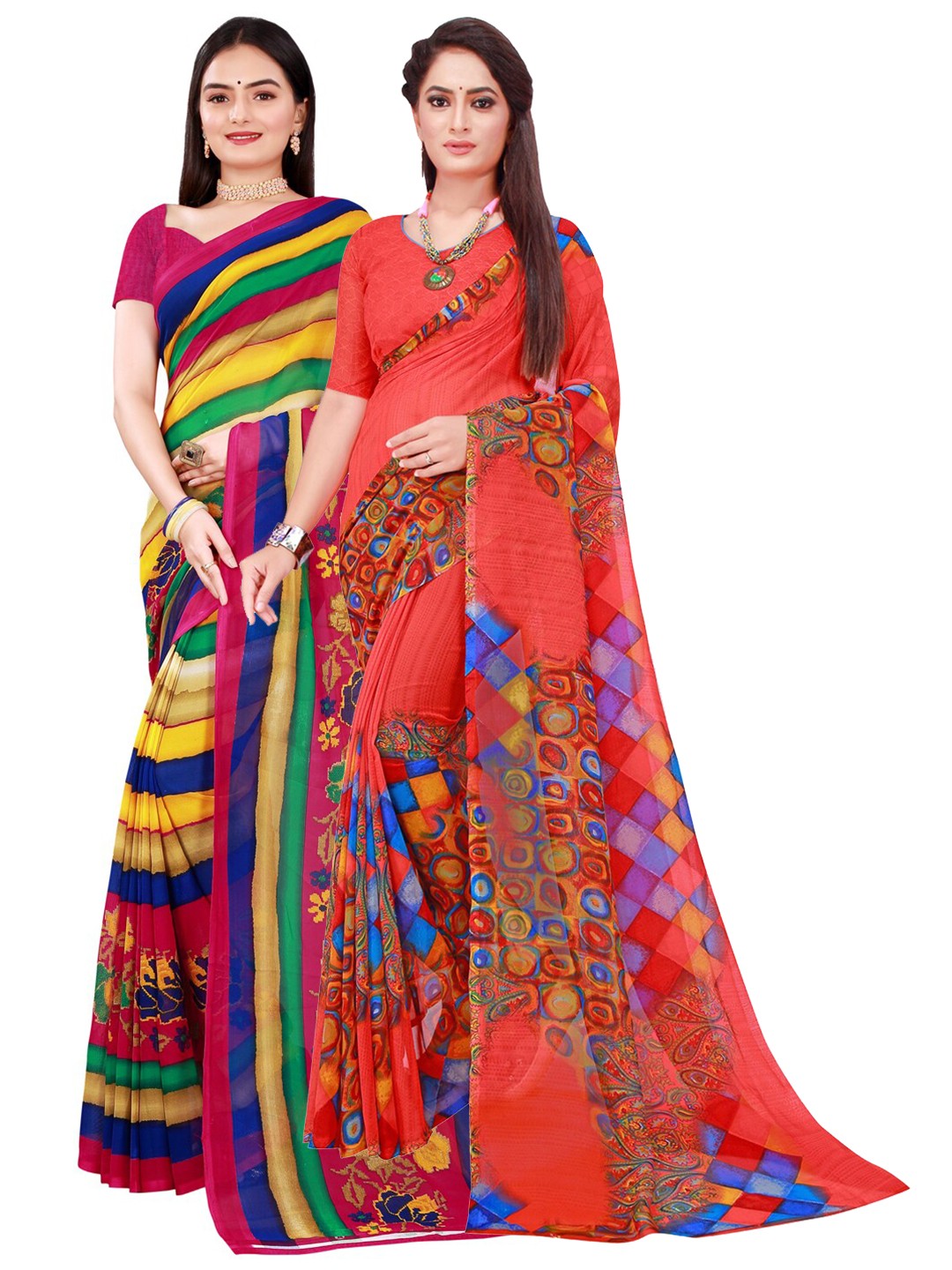

SAADHVI Set Of 2 Pink & Yellow Floral Pure Georgette Saree
