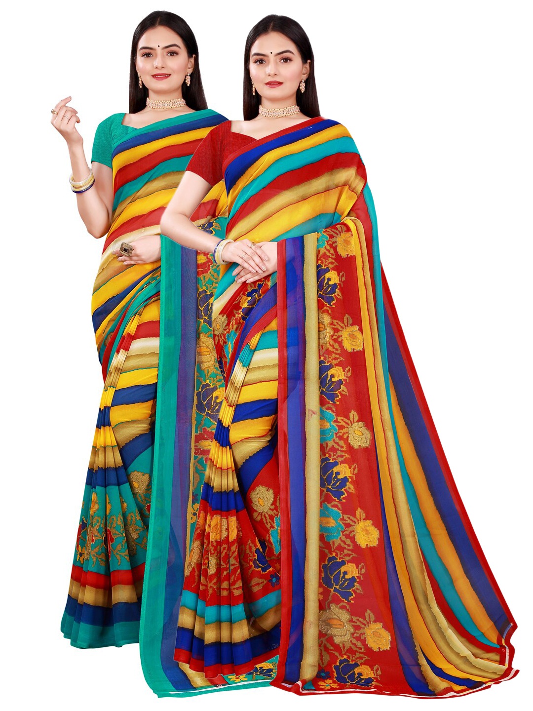 

SAADHVI Set Of 2 Yellow & Blue Floral Pure Georgette Saree